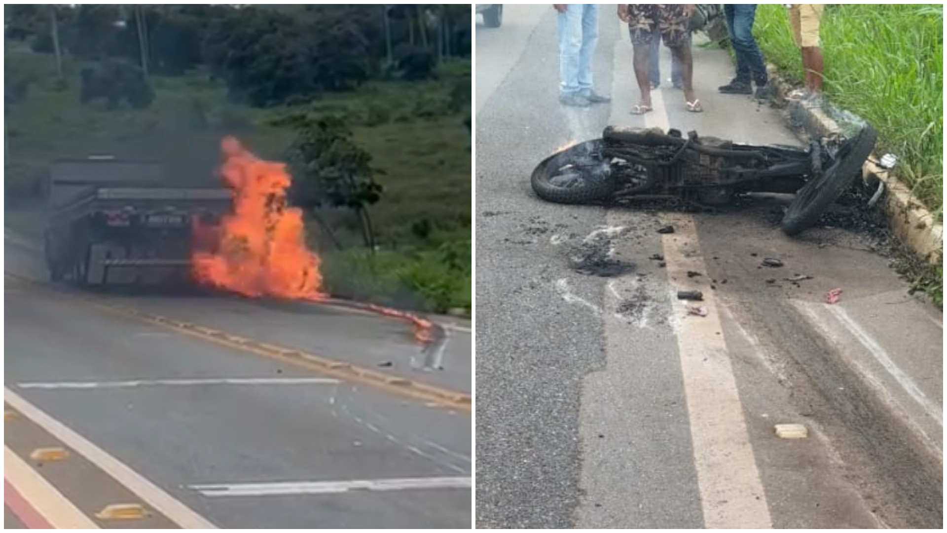Vídeo mostra moto pegando fogo após ser arrastada por caminhão em Tianguá (CE); motociclista tem ferimentos leves