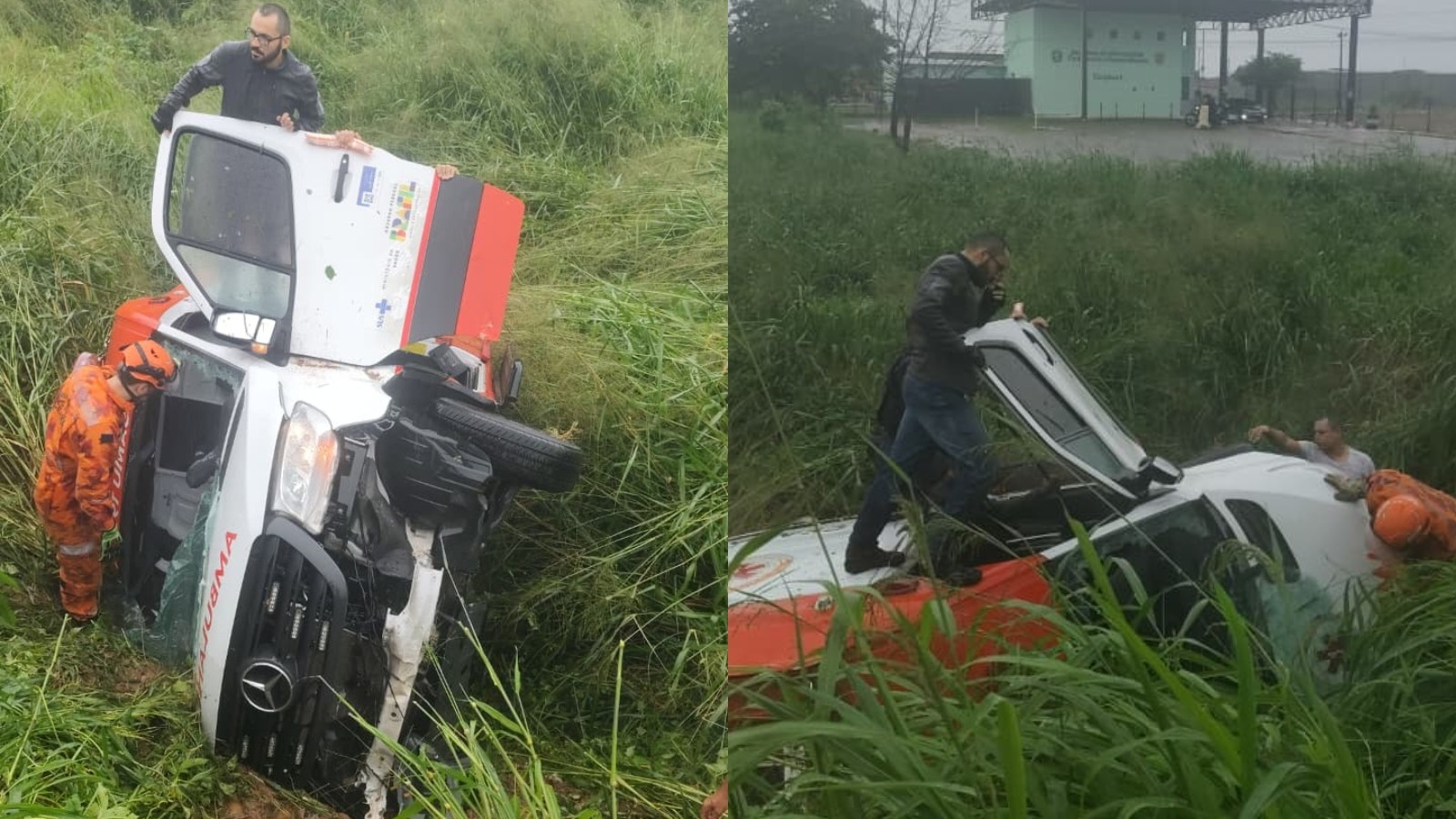 Ambulância do Samu cai em área de mata na BR-116, em Itaitinga; enfermeira fica ferida