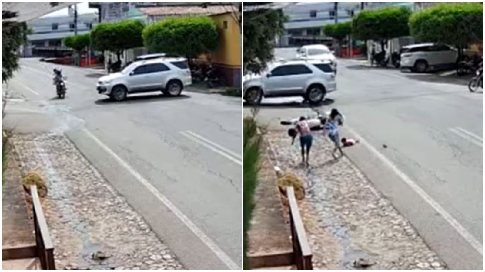 Vídeo mostra caminhonete cruzando via e atingindo moto com pai, mãe e filha em Acopiara; ferimentos leves