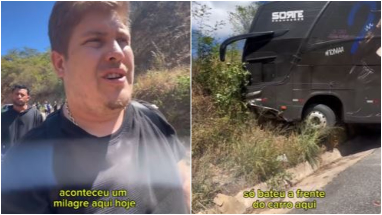 Ônibus de Kelvy Pablo perde freio e bate em barranco na CE-469; 21 têm ferimentos leves e cantor fala em ‘milagre’
