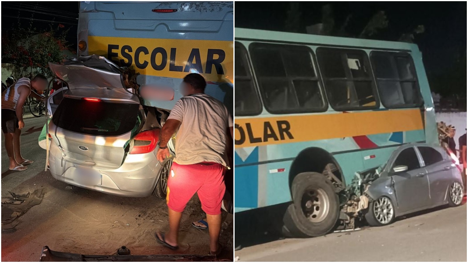 Carro fica prensado sob ônibus escolar estacionado em Aracati; vídeo registra resgate do motorista