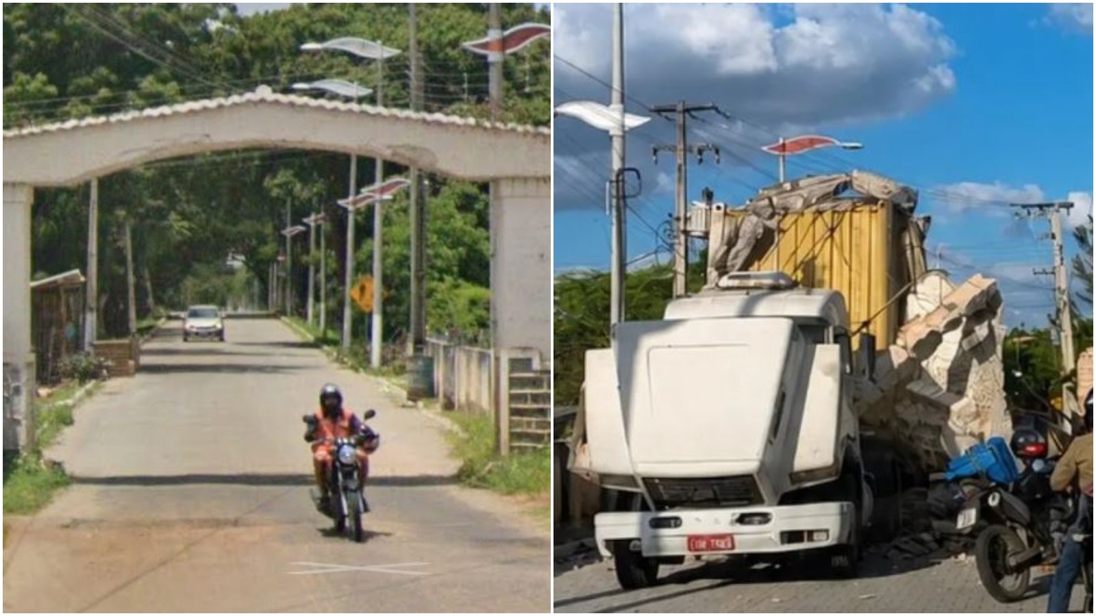 Caminhão derruba arco histórico no acesso ao Açude Cedro, em Quixadá; vídeo registra o impacto