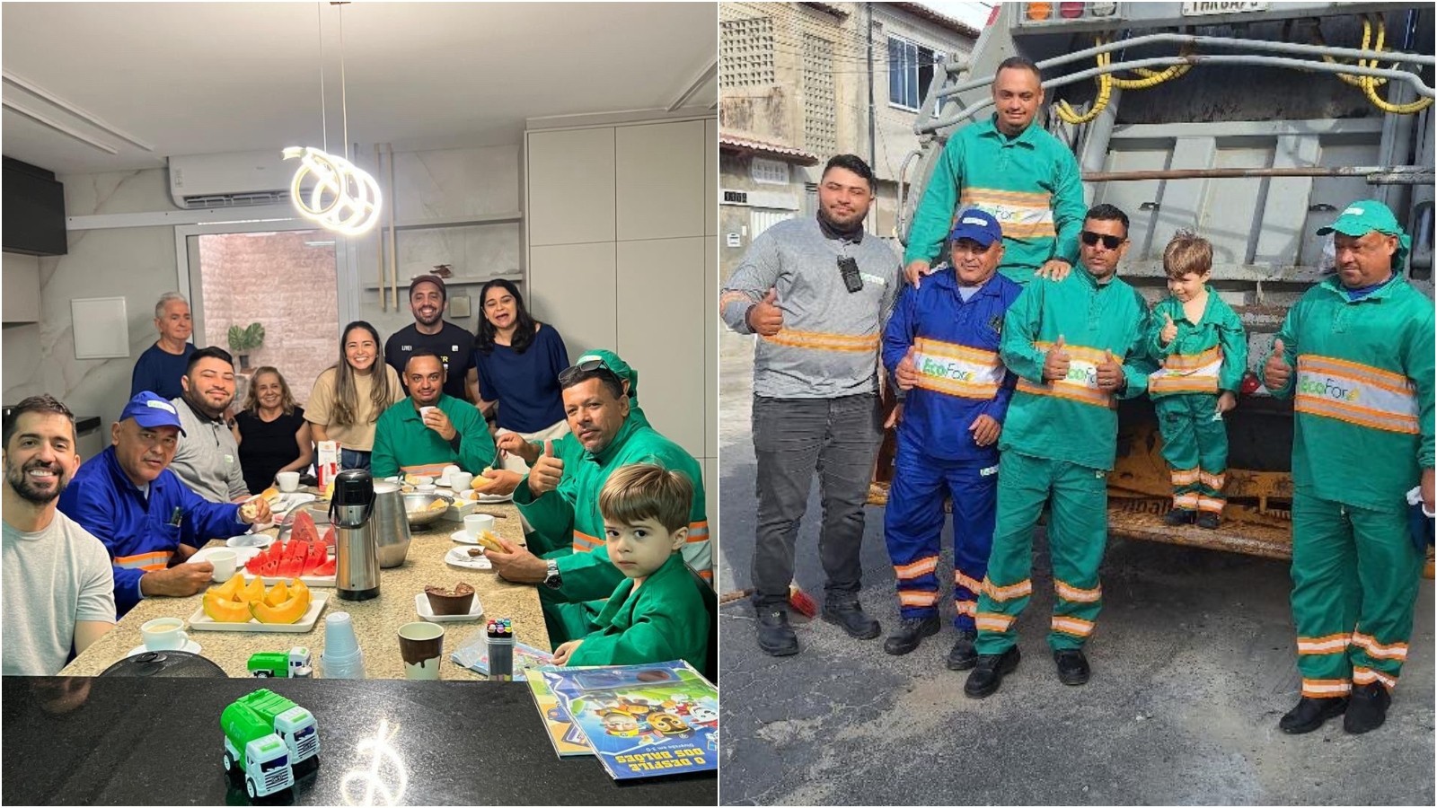 Apaixonado por caminhões de lixo, menino comemora aniversário de 4 anos em café da manhã com garis em Fortaleza