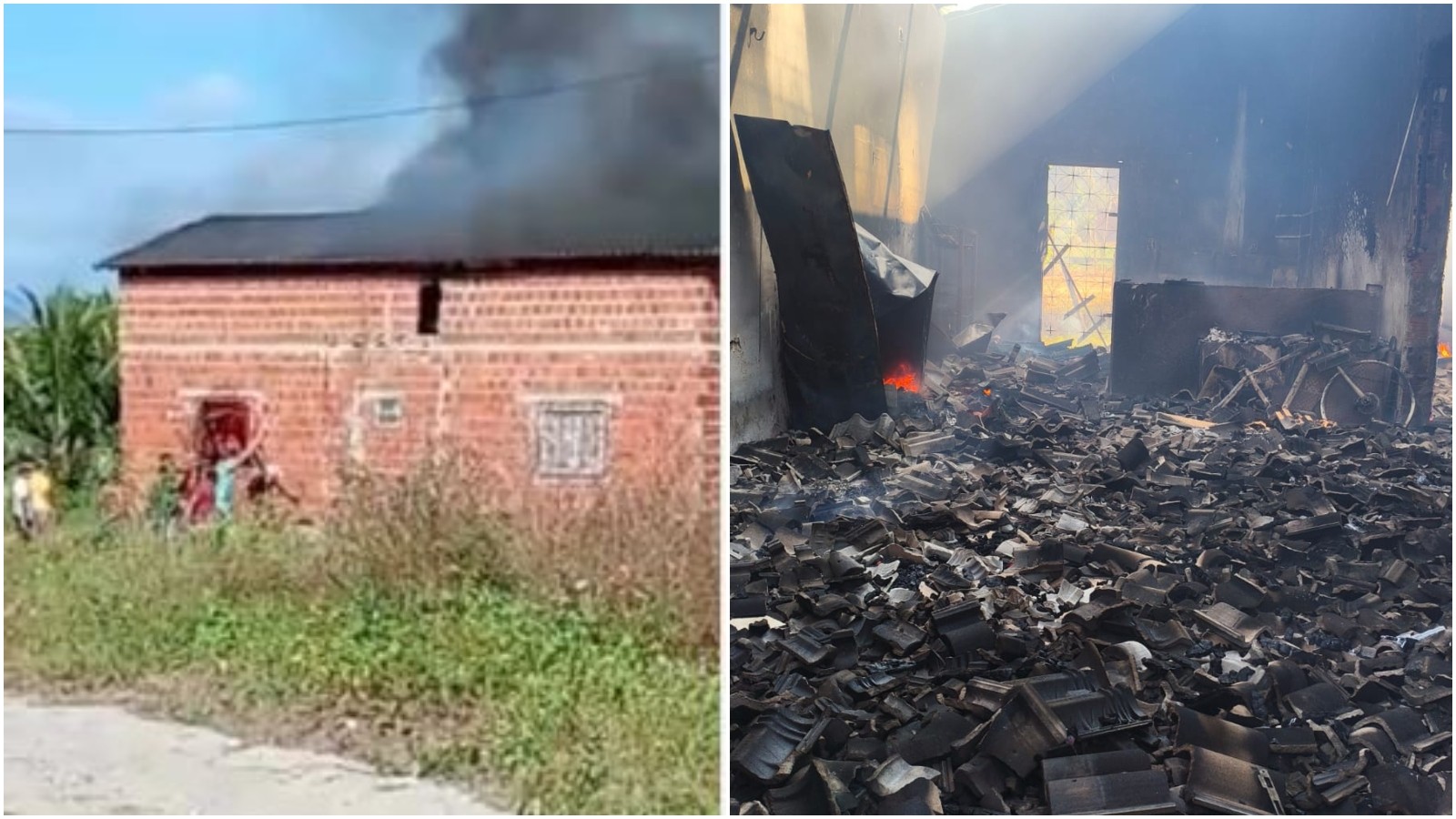 Vídeo mostra vizinhos tentando conter incêndio após briga conjugal em Guaiúba; adolescente de 13 anos é resgatada e suspeito foge