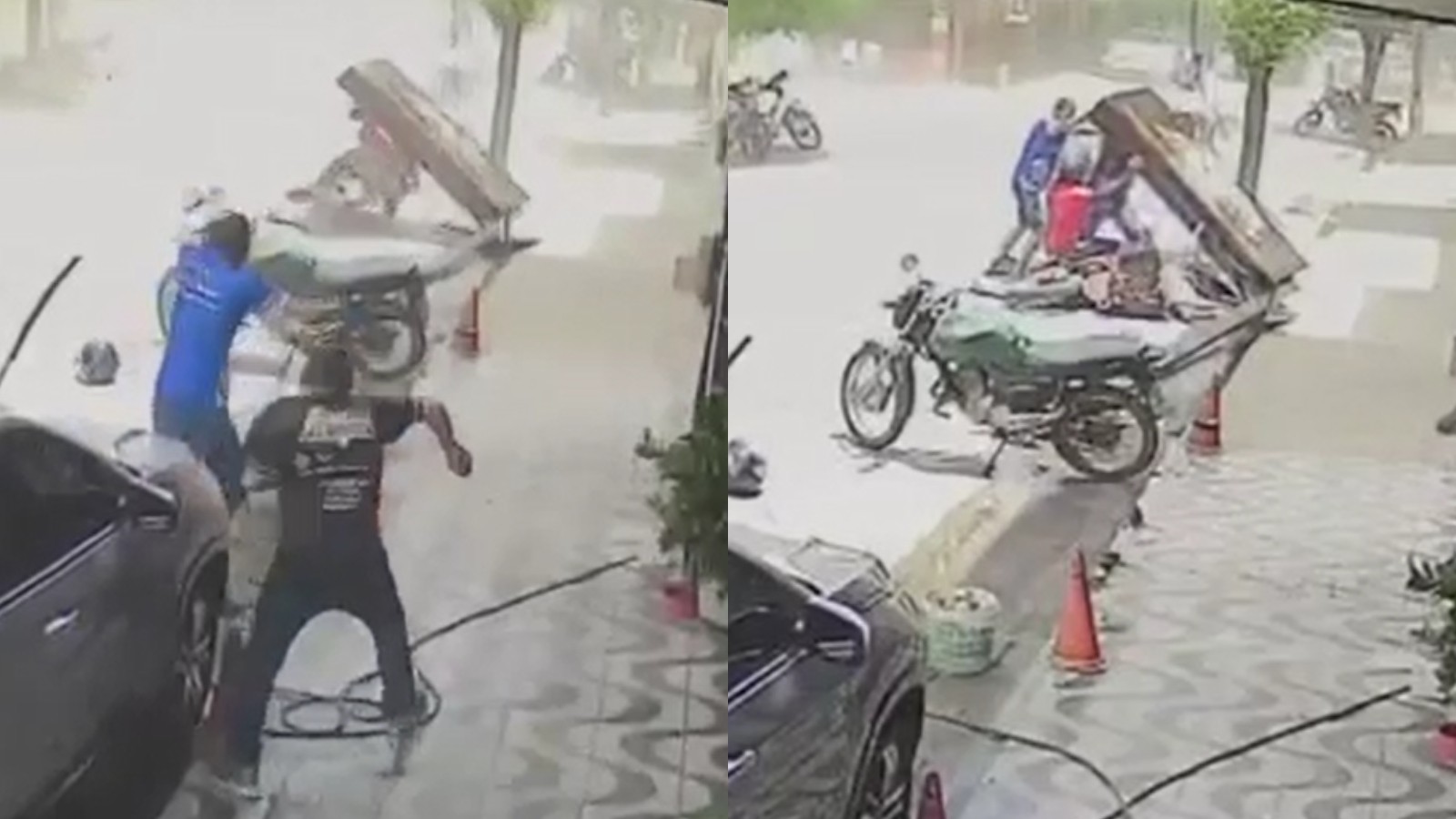 Capacete se parte ao meio após placa ser derrubada por vento e atingir motociclista no Ceará
