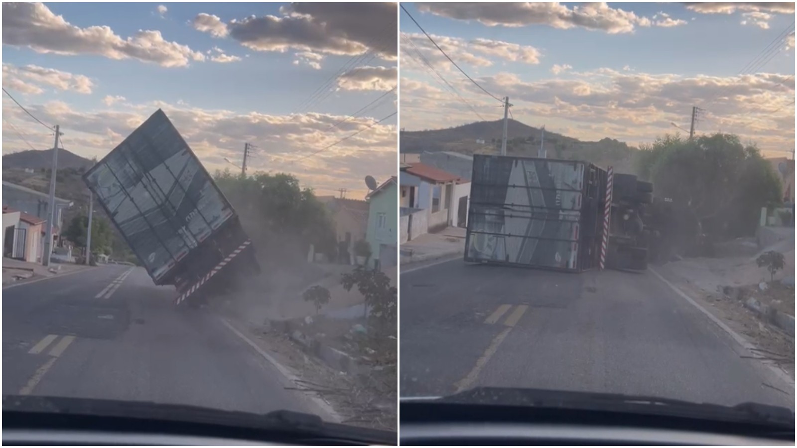 Caminhão perde o controle em ladeira, atinge estrutura e tomba no Ceará; vídeo registra acidente